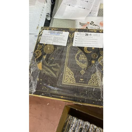 ihvan online Prayer Gift Set for Hajj and Umrah, Muslim Prayer Rug, Prayer Mat, Beads Taasbih, Holy Quran Translated French, Muslim Praying Mat, Islamic Gift Set for Ramadan & Eid, Black - Medaid International