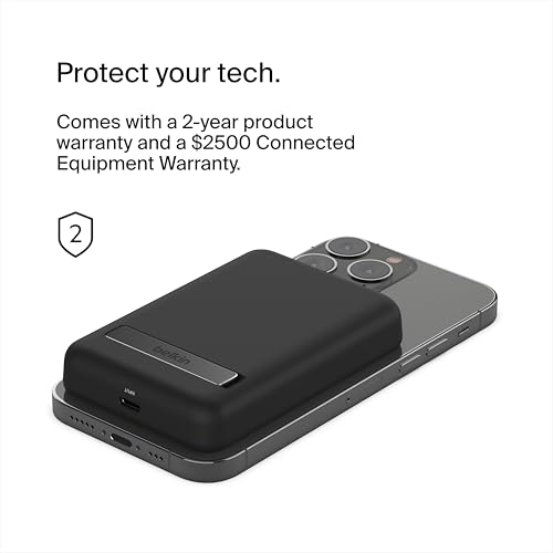 Belkin Portable Charger, Wireless Power Bank 5000 mAh MagSafe Charger 7.5W, Built-in Pop-up Kickstand - Compatible w/iPhone 17, Air, Pro, ProMax, AirPods, Apple Watch, Google Pixel 10, etc. - Black - Medaid International