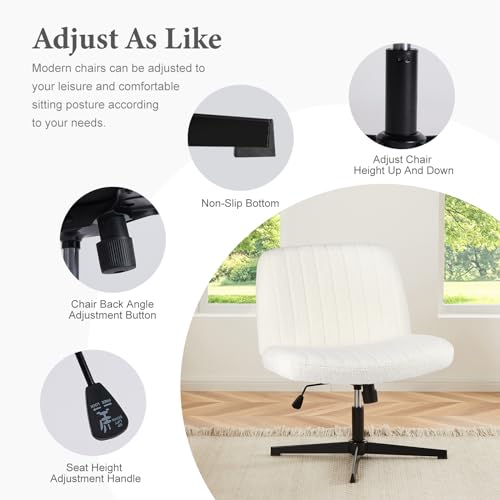 Sweetcrispy Criss Cross Chair Legged, Armless Office Swivel Desk Chair No Wheels, Vanity Height Adjustable Wide Seat Computer Task Seating - Teddy Cream - Medaid International