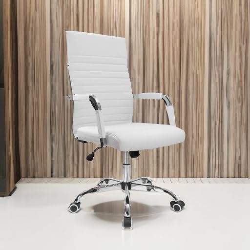 Furmax Ribbed Office Desk Chair Mid-Back PU Leather Executive Conference Task Chair Adjustable Swivel Chair with Arms (White) - Medaid International