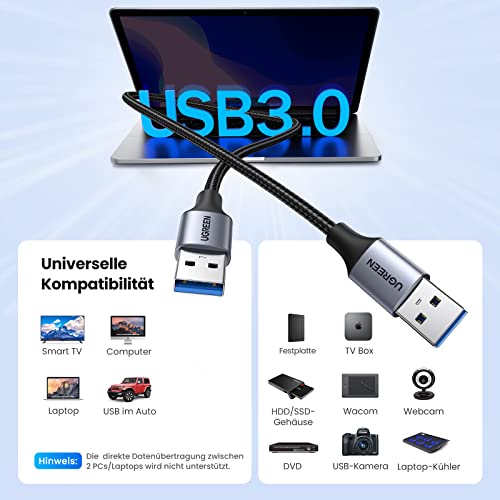 UGREEN - USB 3.0 Cable 5 Gbps Super Speed, Nylon, 3M Length, Compatible with Printers & Laptops