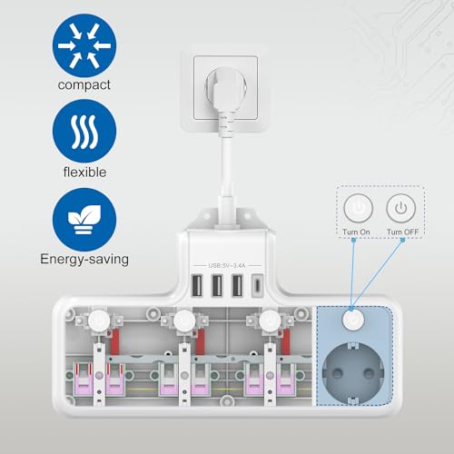 Techuoso - Electric Power Strip with Independent Control, 4 Sockets, White
