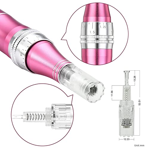 Tbphp - TBPHP M1 Microneedling Pen Kit with 12 Replacement Cartridges, Adjustable Depth for Face & Body (Pink)