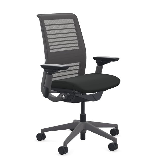Steelcase Think Office Chair - Ergonomic Work Chair - Lumbar Support - 4D Arms - Dark Merle Frame with 3D Knit Back - Licorice Fabric with Wheels for Carpet Flooring - Medaid International