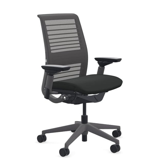 Steelcase Think Office Chair - Ergonomic Work Chair - Lumbar Support - 4D Arms - Dark Merle Frame with 3D Knit Back - Licorice Fabric with Wheels for Carpet Flooring - Medaid International