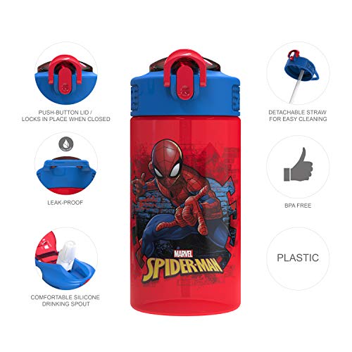 Zak Designs Marvel SpiderMan Kids Spout Cover and Built-in Carrying Loop Made of Plastic, Leak-Proof Water Bottle Design (BPA-Free), Red, 16oz|B07BK26C9Y