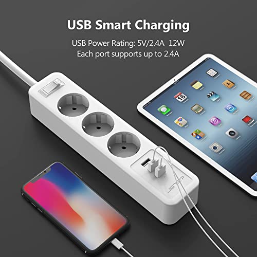 Jsver - Power Strip with 3 USB Ports, Surge Protection, Wall Mountable, 3680W