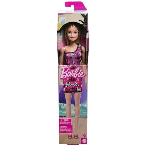 Barbie Fashion Doll with Straight Blonde Hair Wearing Removable Pink Dress & Shoes with Logo Print - Medaid - Lebanon