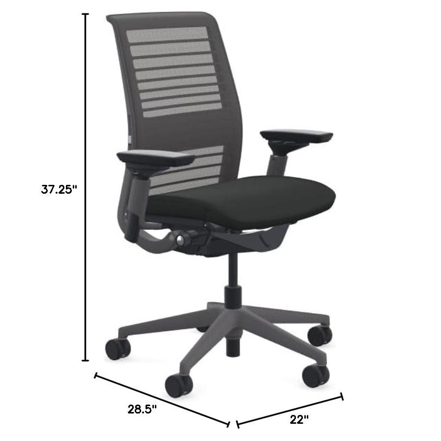 Steelcase Think Office Chair - Ergonomic Work Chair - Lumbar Support - 4D Arms - Dark Merle Frame with 3D Knit Back - Licorice Fabric with Wheels for Carpet Flooring - Medaid International