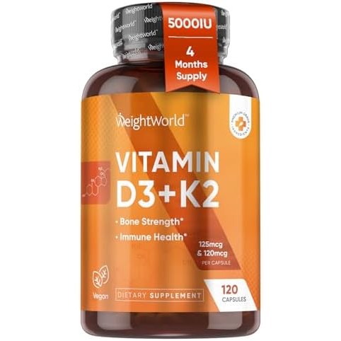 WeightWorld Vitamin D3 K2 5000IU Capsules for Bone Strength & Immune Health - 4 Months Supply Vitamin D3 and K2 Supplements - 120 Vegan D3 K2 Capsules for Women and Men, Non-GMO, Gluten-Free|B0CY288PWZ