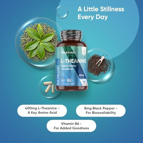 L-Theanine 408mg - 180 Capsules - 6 Months Supply | with Vitamin B6 & Black Pepper | 1 Capsule per Day | Vegan, Gluten-Free & Non-GMO - L Theanine Supplement for Men & Women - Made in Europe|B091FV1FHQ