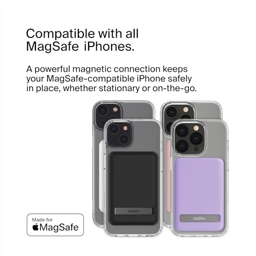 Belkin Portable Charger, Wireless Power Bank 5000 mAh MagSafe Charger 7.5W, Built-in Pop-up Kickstand - Compatible w/iPhone 17, Air, Pro, ProMax, AirPods, Apple Watch, Google Pixel 10, etc. - Black - Medaid International