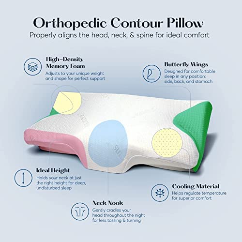SUTERA - Dream Deep Contour Memory Foam Pillow, Orthopedic Cervical Support for Neck, Shoulder and Back Pain Relief, Ergonomic Pillow for Side, Back and Stomach Sleepers, Washable Cover - White+Bag - Medaid International