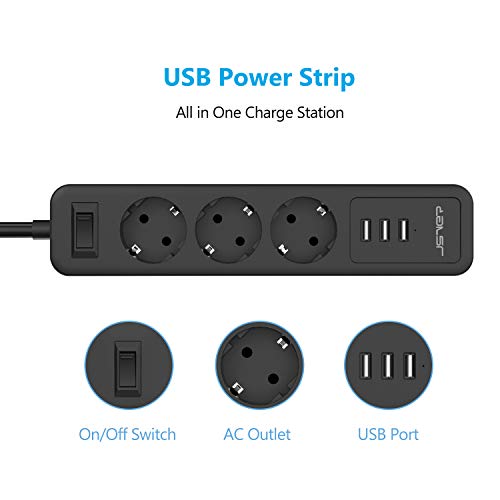 Jsver - Power Strip with 3 USB Ports, Surge Protection, Wall Mountable, 3680W