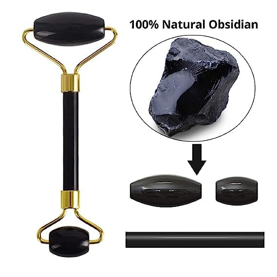 Black Obsidian Jade Facial Roller & Gua Sha Set 100% Natural Source from Highest Altitude of Himalayan Two-Sided Face Neck Massager Stone Beauty Tool - Medaid International