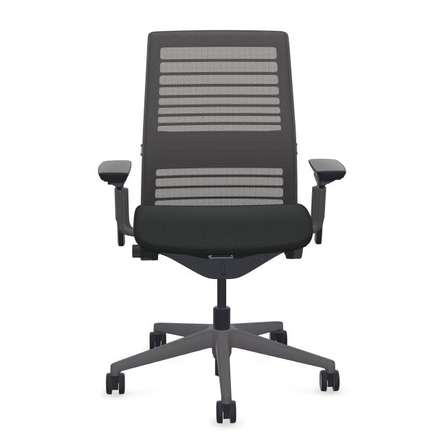 Steelcase Think Office Chair - Ergonomic Work Chair - Lumbar Support - 4D Arms - Dark Merle Frame with 3D Knit Back - Licorice Fabric with Wheels for Carpet Flooring - Medaid International