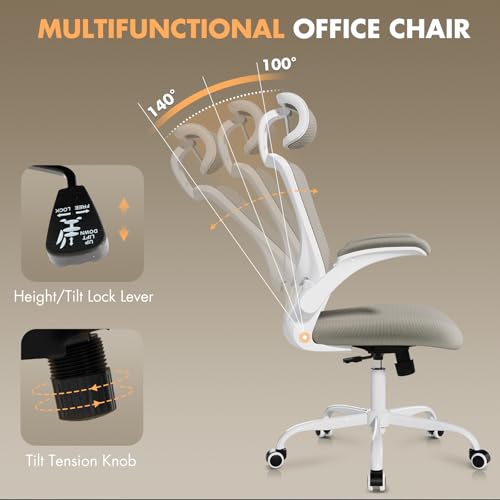 High Back Office Chair with Adjustable Lumbar Support & Headrest, Ergonomic Mesh Desk Chair with Flip-Up Armrests, Breathable & Comfortable Computer Chair for Home, Office & Study, Khaki - Medaid International