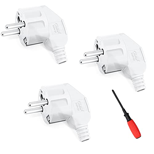 Chevvy - 16A Angled Schuko Plug, Pack of 3, IP20 Splash-Proof, Durable
