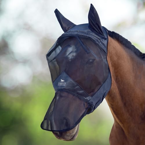 Harrison Howard - Piano Black XL Fly Mask with Full Face, Nose & Ear Fleece Pad, UV Protection, Midge-Proof Outer