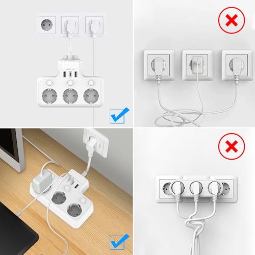 Techuoso - Electric Power Strip with Independent Control, 3 Sockets, White