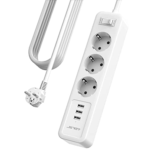 Jsver - Power Strip with 3 USB Ports, Surge Protection, Wall Mountable, 3680W