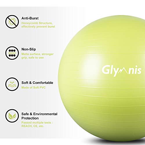 Glymnis - Anti-Burst Yoga Ball for Fitness, Stability, Slip Resistant, Quick Pump