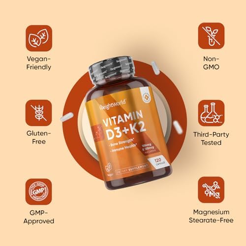 WeightWorld Vitamin D3 K2 5000IU Capsules for Bone Strength & Immune Health - 4 Months Supply Vitamin D3 and K2 Supplements - 120 Vegan D3 K2 Capsules for Women and Men, Non-GMO, Gluten-Free|B0CY288PWZ