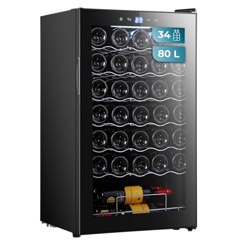 Cecotec - 34-Bottle Wine Cooler with Compressor, Adjustable Temp 5-18°C, Touch Control