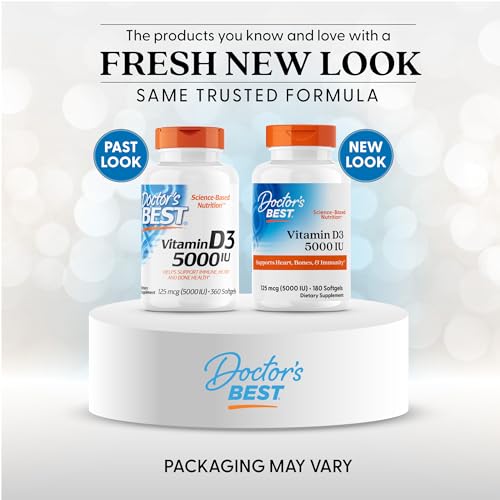 Doctor's Best Vitamin D3 5000IU, Non-GMO, Gluten & Soy Free, Regulates Immune Function, Supports Healthy Bones, White, No Flavour, 180 Count - Medaid International