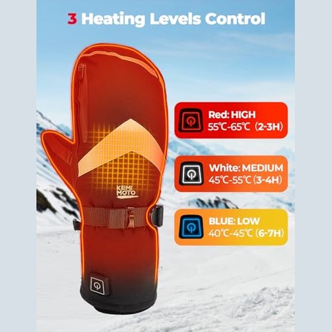 KEMIMOTO - Heated Gloves with 2500mAh Battery, 3 Heating Levels for Skiing & Fishing