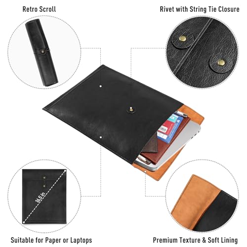 Qixin - Black A4 PU Leather File Folder, String Tie Closure, Document Organizer