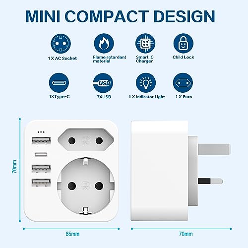 Hanyeal - 6 in 1 UK Plug Adapter with 2 Sockets, 3 USB Ports & Type-C