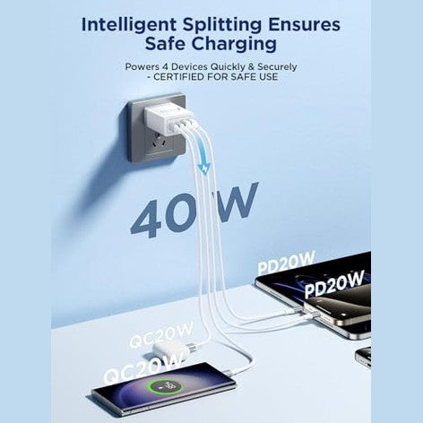 Aioneus - 40W Fast Charging USB C Block, 4-Port PD+QC for iPhone & Tablets