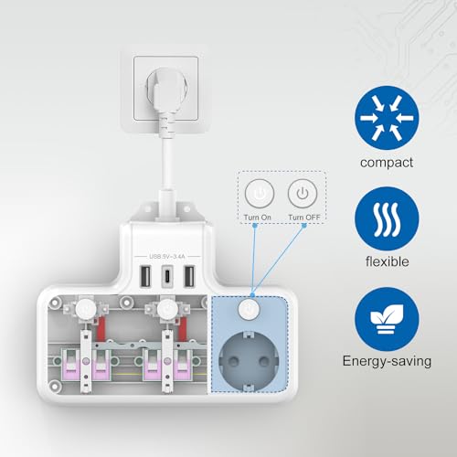 Techuoso - Electric Power Strip with Independent Control, 3 Sockets, White