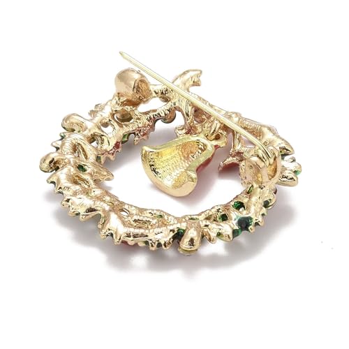 Christmas Enamel Rhinestone Pin Xmas Wreath with Bell Brooches Lapel Pins Dainty Holiday Christmas Dress Accessories Jewelry - Medaid International