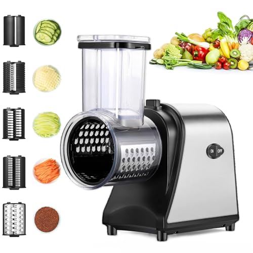 Nictemaw - Electric Stainless Steel 250W Vegetable Grater with 5 Blades, Large Filling Slot for Easy Use