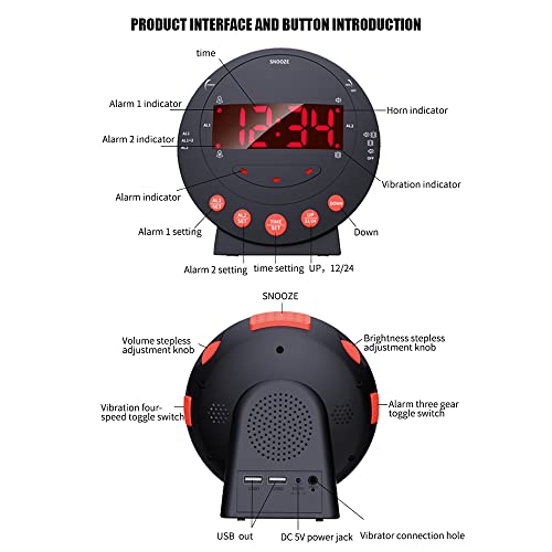 Generic - Loud Alarm Clock with Bed Shaker, Adjustable Brightness, USB Charger