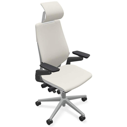 Steelcase Gesture Office Desk Chair with Headrest in Elmosoft Genuine White L151 Leather Plus Lumbar Support Platinum Metallic Frame with Seagull Seat/Back Merle Arms (Light/Light) - Medaid International