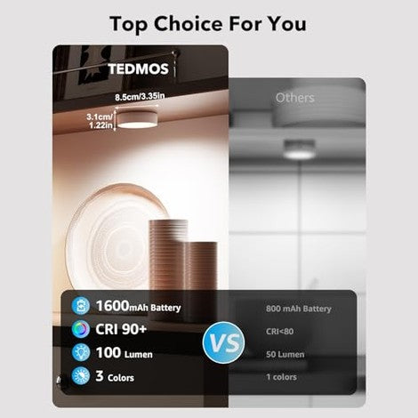 Tedmos - Rechargeable Puck Lights with Remote, 2400mAh Battery, USB LED