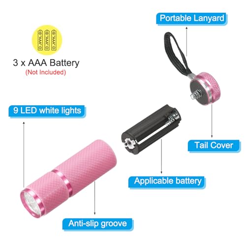 Patikil - Mini Aluminum Glow in Dark Flashlight with 9 LEDs & Strap, Pink
