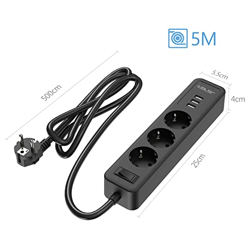 Jsver - Power Strip with 3 USB Ports, Surge Protection, Wall Mountable, 3680W