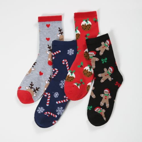 4 pairs of Christmas Socks, Reindeer Bells and Snowflakes Pattern, Women's Autumn and Winter Socks, Personalized Pattern and Color, suitable for Daily Wear, Give Friends a Unique Christmas Gift - Medaid International