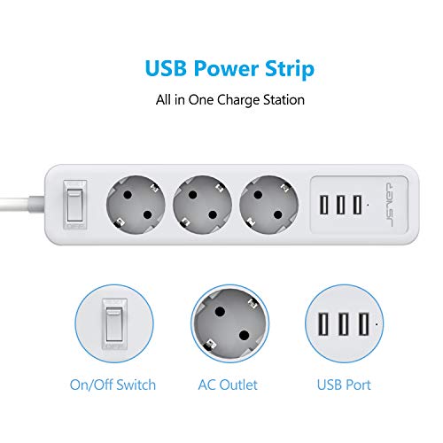 Jsver - USB Surge Socket with 3 Outlets, 3 USB Chargers, 2m Cable, Overvoltage Protection