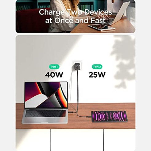 Spigen - 65W Dual USB-C Wall Charger with PD 3.0, Compact Design, Sierra Blue