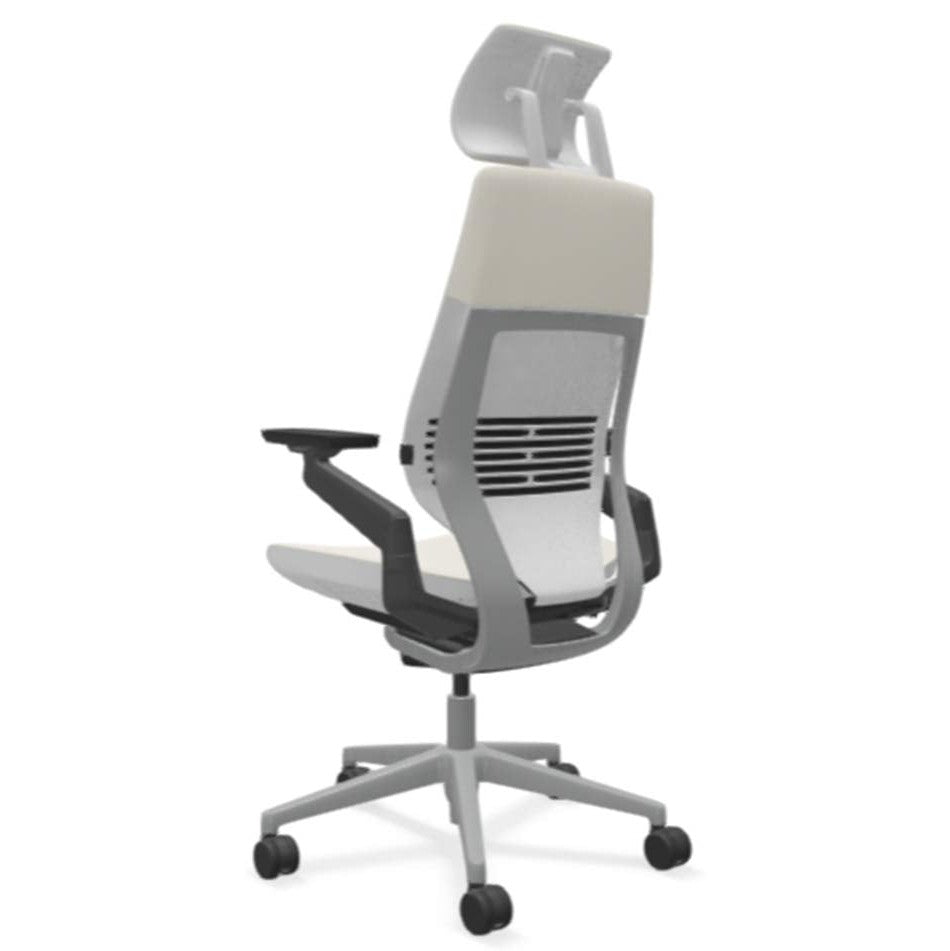 Steelcase Gesture Office Desk Chair with Headrest in Elmosoft Genuine White L151 Leather Plus Lumbar Support Platinum Metallic Frame with Seagull Seat/Back Merle Arms (Light/Light) - Medaid International
