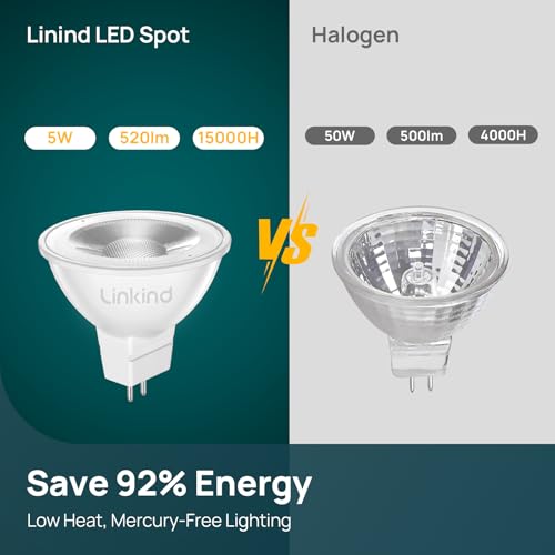 Linkind - GU5.3 MR16 LED Bulbs, 5W, 520LM, Warm White 2700K, Pack of 5