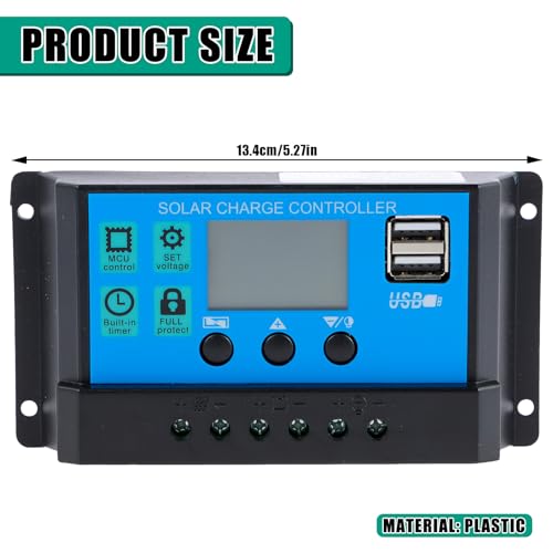 30A - PWM Solar Charge Controller, 12V/24V, USB, LCD Display, Multiple Modes