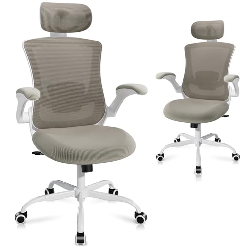 High Back Office Chair with Adjustable Lumbar Support & Headrest, Ergonomic Mesh Desk Chair with Flip-Up Armrests, Breathable & Comfortable Computer Chair for Home, Office & Study, Khaki - Medaid International
