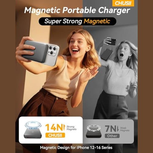 Chusii - 12000mAh MagSafe Battery Pack, Fast Charging, Portable Power Bank