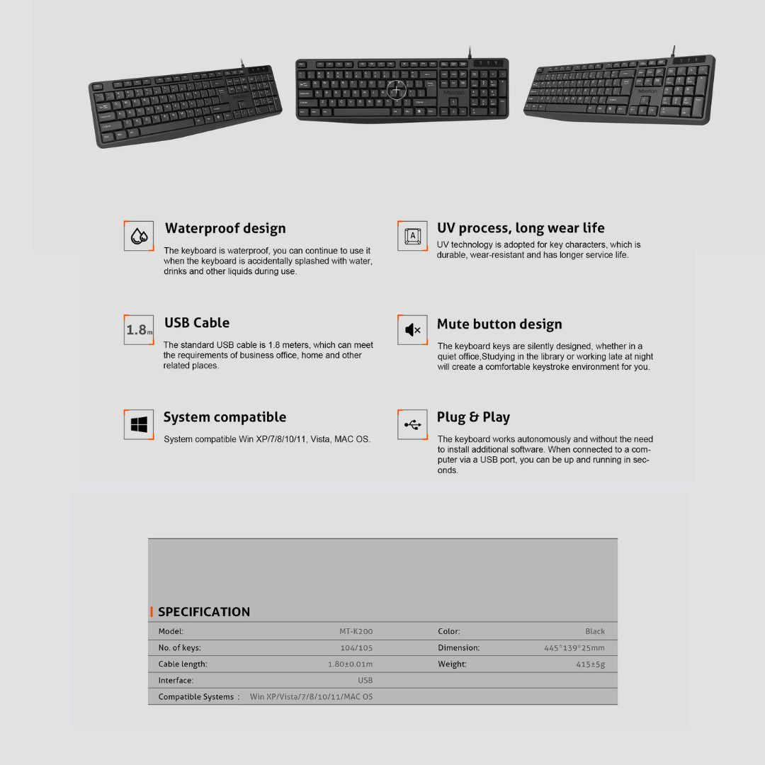 Meetion MT-K200 Economical Universal Waterproof 104 Keys USB Wired Office Keyboard - Medaid International